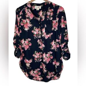 Wishful Park Black Floral Blouse Size L Pink Rose Print